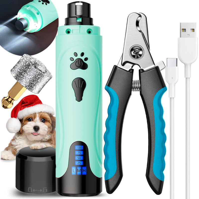 Mint green rechargeable dog nail grinder with LED display, nail clippers, and puppy in Santa hat