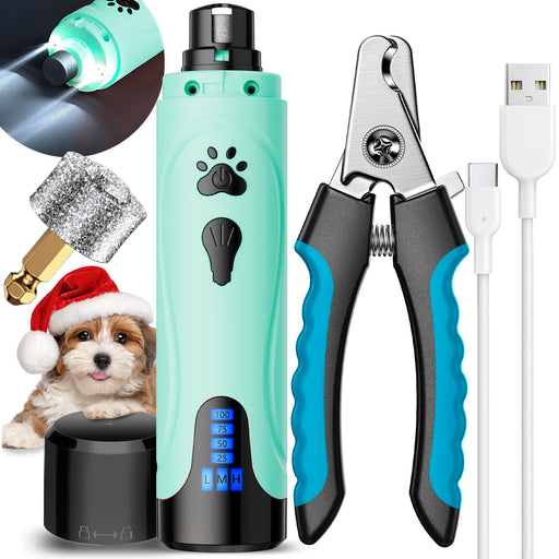 Mint green rechargeable dog nail grinder with LED display, nail clippers, and puppy in Santa hat