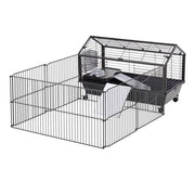 Black wire rabbit cage with attached outdoor exercise pen and wheels for mobility