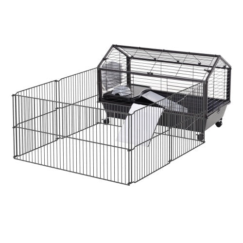 Black wire rabbit cage with attached outdoor exercise pen and wheels for mobility