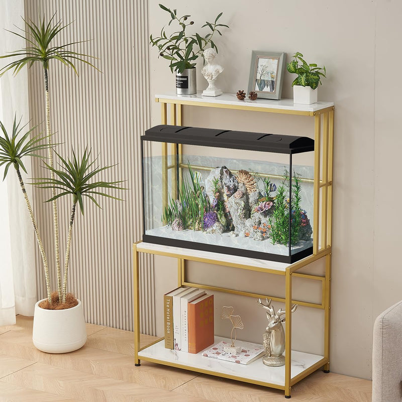 Gold metal aquarium stand with fish tank, plants, and decorative items in modern living room