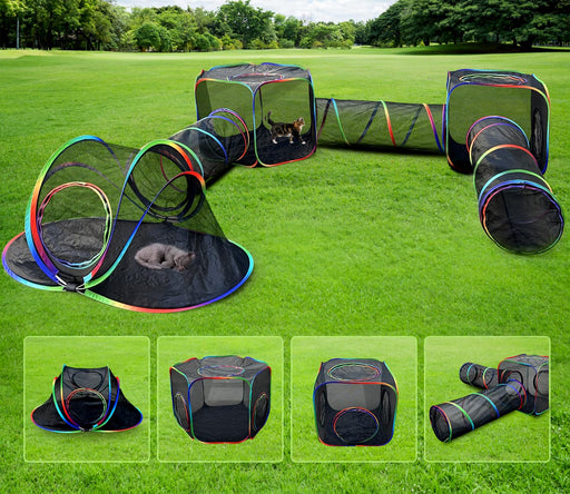 Modular cat playground with tunnels, tents and hideouts connected on green grass with cats playing