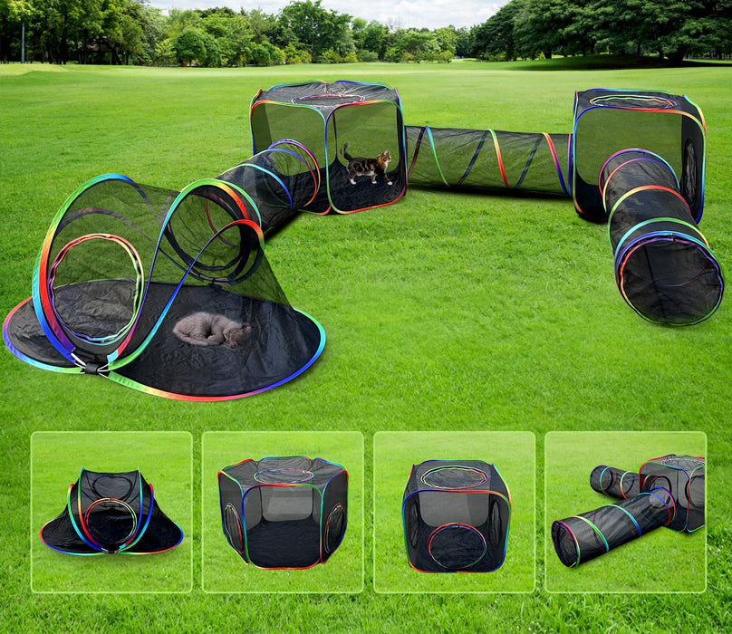 Modular cat playground with tunnels, tents and hideouts connected on green grass with cats playing