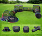 Modular cat playground with tunnels, tents and hideouts connected on green grass with cats playing