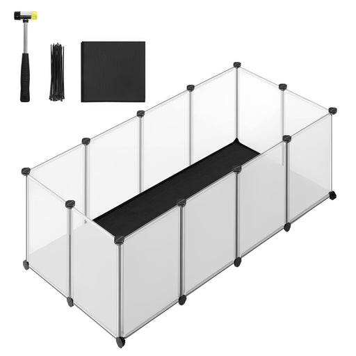 Clear plastic modular pet playpen with black shelves and assembly tools shown separately