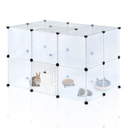 Clear modular pet playpen showing rabbits inside with food bowl and water bottle setup
