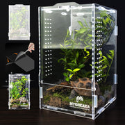 Clear acrylic terrarium with plants, decorative skull, and ventilation holes showing assembly