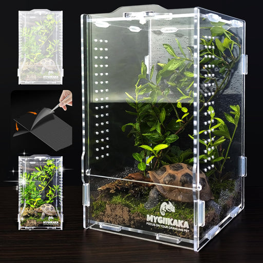 Clear acrylic terrarium with plants, decorative skull, and ventilation holes showing assembly