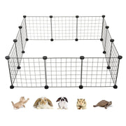 Black wire pet playpen with modular panels and plastic connectors shown with small animals below