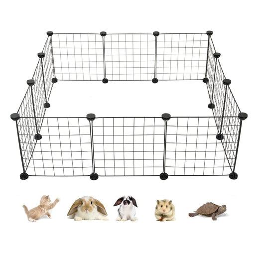 Black wire pet playpen with modular panels and plastic connectors shown with small animals below