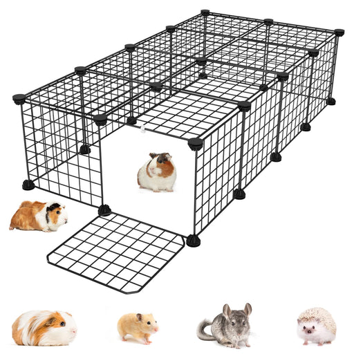 Black wire modular small animal playpen with open door showing guinea pig inside and outside