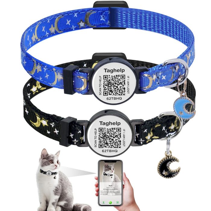 Two moon and star pattern cat collars with QR code tags, one blue one black, with smartphone app