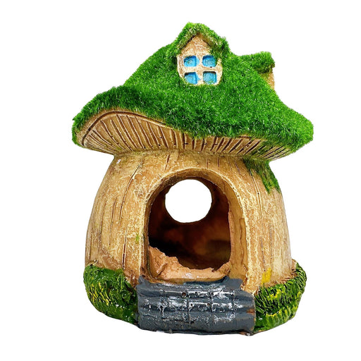 Moss-covered resin mushroom house with arched entrance, blue windows, and stone base on white
