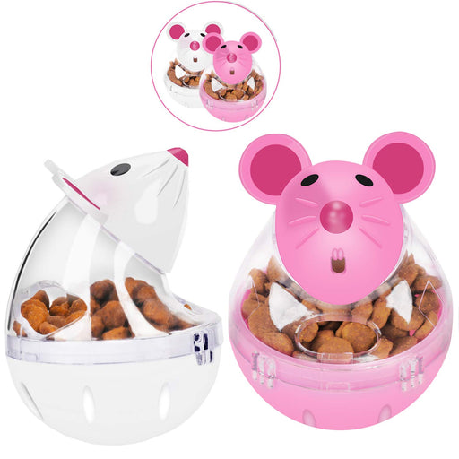 Two mouse-shaped pet treat dispensers in white and pink with kibble visible inside clear chambers