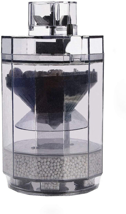 Clear cylindrical aquarium filter with multiple chambers showing carbon media and ceramic balls