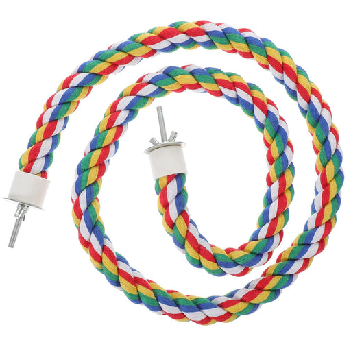 Colorful braided cotton rope bird perch in red, blue, green, yellow and white with metal clips