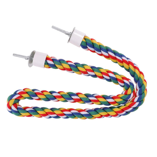 Colorful braided cotton rope bird perch with white metal screw caps on both ends