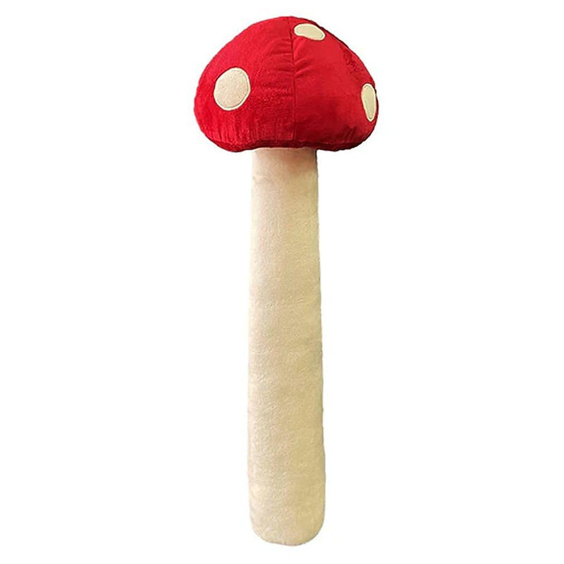 Red cap mushroom plush toy with cream spots and long beige stem on white background