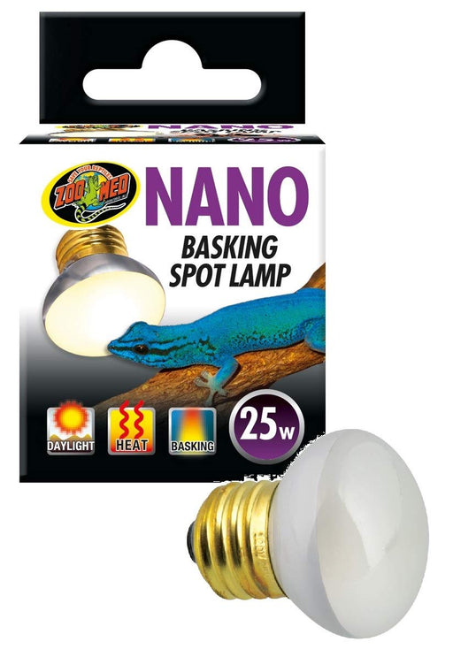 Zoo Med Nano 25W basking spot lamp bulb with frosted glass and brass base on white background