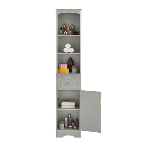 Narrow bathroom storage cabinet features three open shelves for towels and essentials