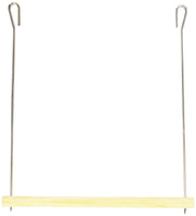 Natural birch bird swing with yellow wooden perch and metal wire frame on white background