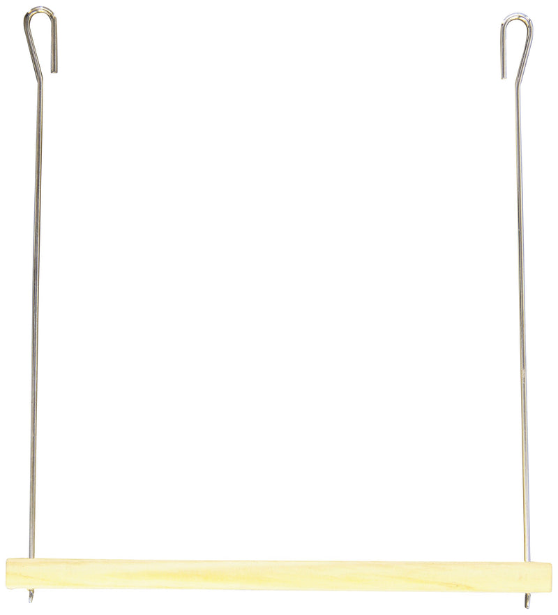 Natural birch bird swing with yellow wooden perch and metal wire frame on white background