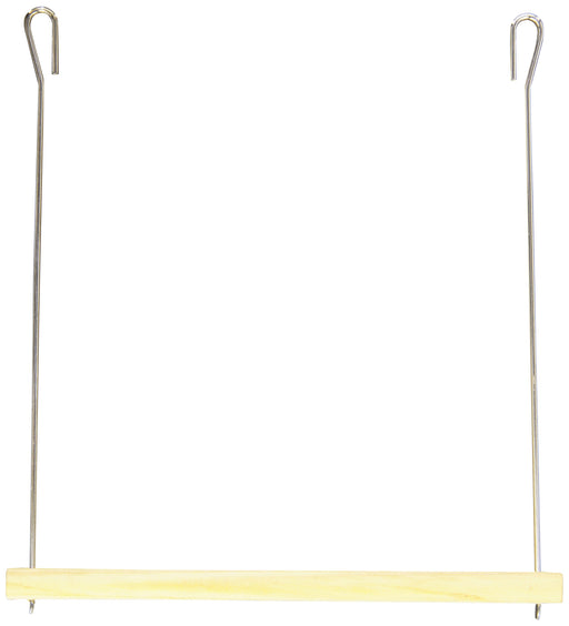 Natural birch bird swing with yellow wooden perch and metal wire frame on white background