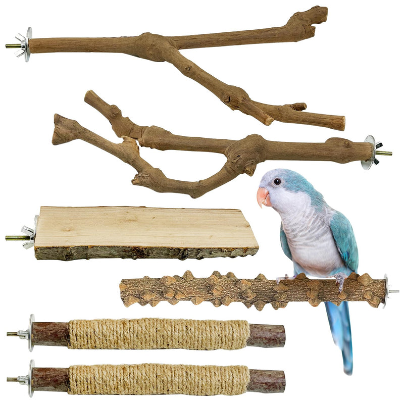 Natural wooden bird perches in various textures with blue and white parrot perched on one branch