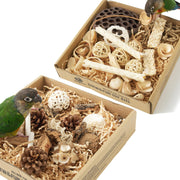 Two open cardboard boxes filled with natural wood bird toys and foraging materials with parrots