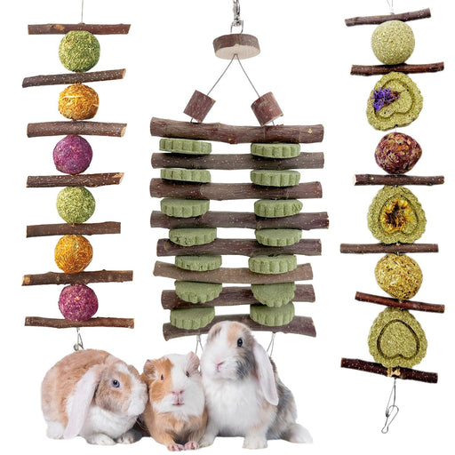Natural bunny chew toys with wooden sticks and colorful balls displayed with three rabbits below