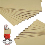 Red cartoon parrot holding beige cage liner paper with fanned out sheets showing texture