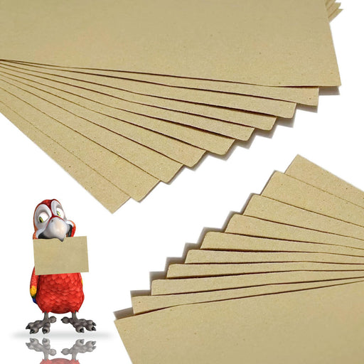 Red cartoon parrot holding beige cage liner paper with fanned out sheets showing texture