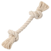 Natural cotton rope dog toy with twisted design and frayed ends on white background