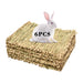 Stack of 6 natural woven grass mats with white rabbit sitting on top against white background