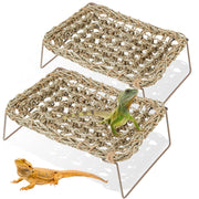 Two-tier natural grass fiber reptile hammock with metal stand, green iguana on lower level