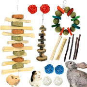 Natural rabbit chew toy set with wooden blocks, wicker balls, and small pets including hamster
