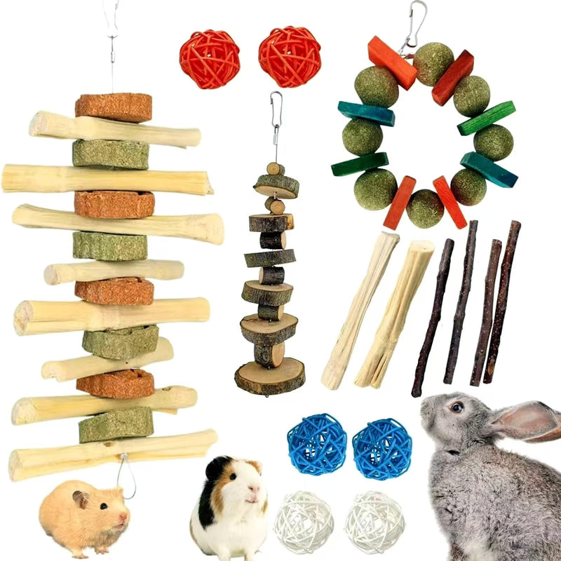 Natural rabbit chew toy set with wooden blocks, wicker balls, and small pets including hamster