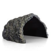 Gray textured resin reptile cave hide with dark interior opening on white background