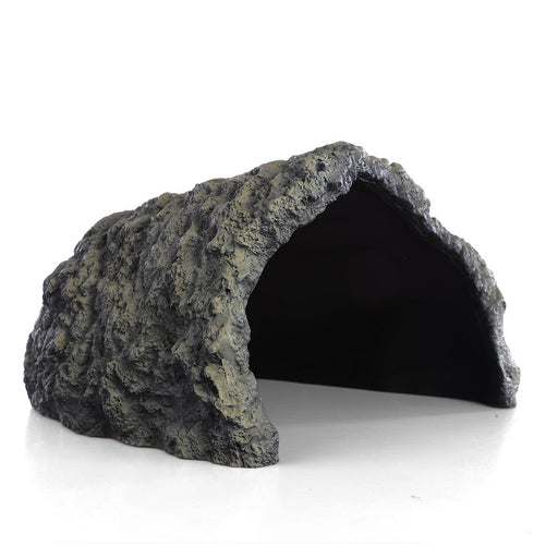 Gray textured resin reptile cave hide with dark interior opening on white background