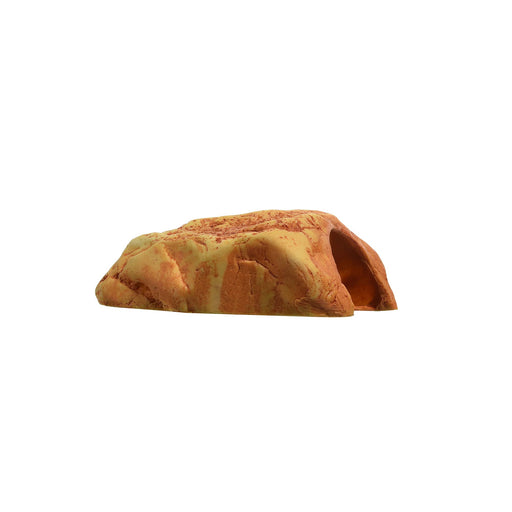 Orange and yellow textured rock cave hide with hollow interior opening on white background