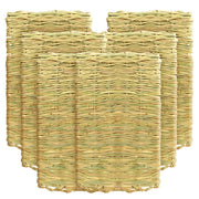 Five natural seagrass woven rectangular mats arranged in overlapping stack formation