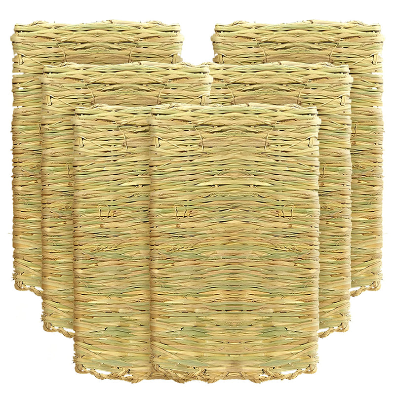 Five natural seagrass woven rectangular mats arranged in overlapping stack formation