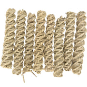 Eight natural vine twisted bird foot toys arranged vertically showing spiral rope texture