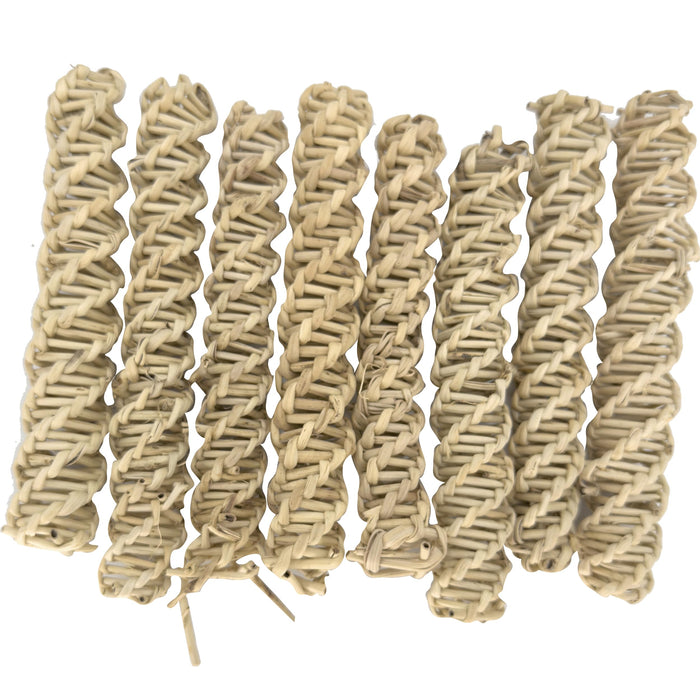 Eight natural vine twisted bird foot toys arranged vertically showing spiral rope texture