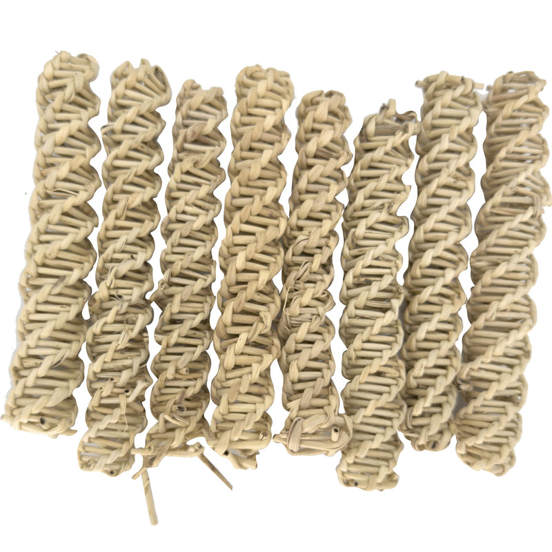 Eight natural vine twist bird foot toys arranged in rows showing spiral woven texture