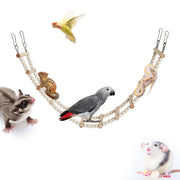 Natural wood bird climbing ladder with beads shown with various small pets including parrot and