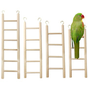Green parrot perched on wooden ladder with five natural wood bird climbing ladders in various sizes