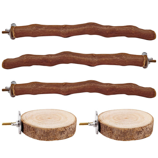 Five natural wood bird perches with metal hardware - three curved branch perches and two flat