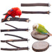 Natural wood bird perch set with red parrot and green bird on branches and platform perches