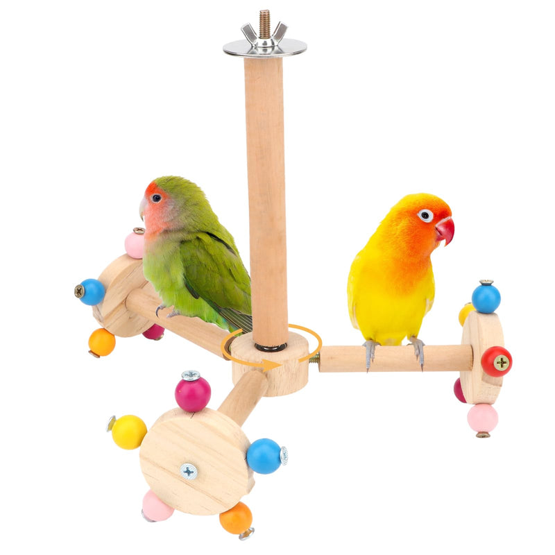 Two colorful parrots perched on natural wood spinning toy with colorful beads and metal clamp